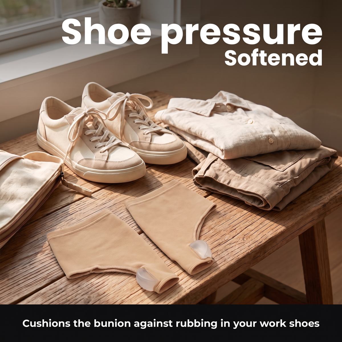 Bunion cushioned against work-shoe rubbing