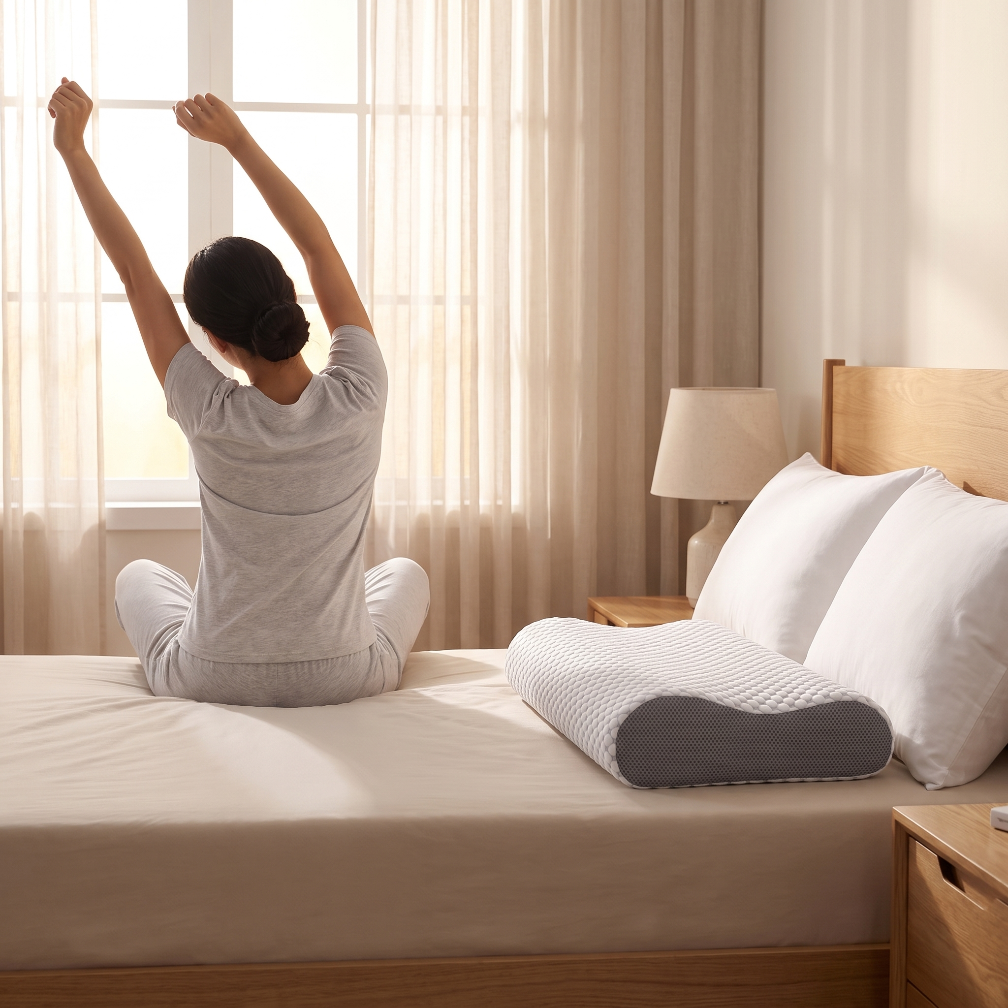 [nl] CloudSleep Pillow op realistische schaal van 61×35 cm in een rustige slaapkamer in de ochtend